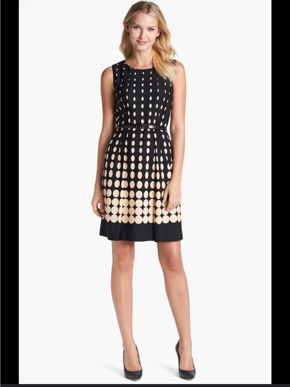 Tahari Arthur S Levine Sleeveless Black and Cream Dot Fit-and-Flare Dress